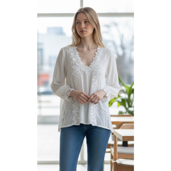 Women's POL White Floral Embroidered Blouse, Size L - Picture 7 of 8